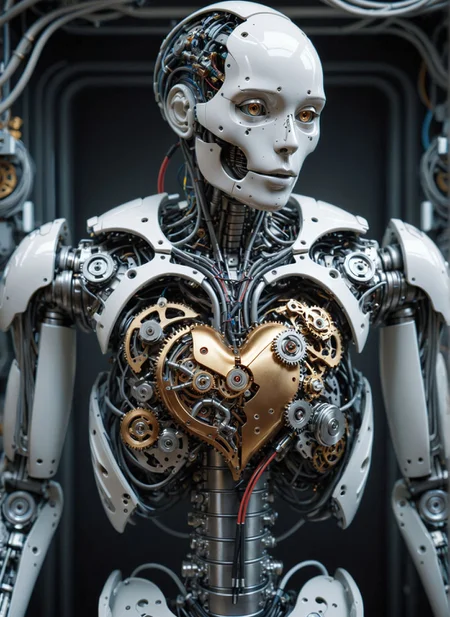 photorealistic, intricate clockwork heart in the chest of a humanoid robot, gears and cogs moving seamlessly, surrounded by wires and circuitry, set against a futuristic laboratory background, high detail and metallic sheen 
<lora:xray:1>
 <lora:WildcardX-XL-Detail-Enhancer:1>