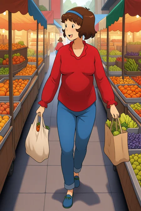 masterpiece, best quality, amazing quality, absurdres, solo, cailloudoris, smile, open mouth, walking, holding bag, shopping, looking away, short brown hair, blue hairband, red shirt, blue pants, blue shoes, outdoors, market, fruits, vegetables