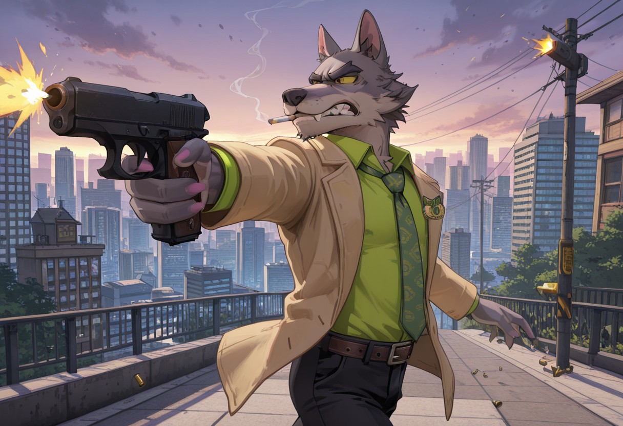 masterpiece, best quality, amazing quality, very aesthetic, absurdres, newest,  high quality, detailed, 
male, solo male, DaleDonovan, 1boy, mature male, male, anthro, wolf, broad shoulders, scruffy, gray fur, light tan underbelly, black eyes, yellow sclera, thick eyebrows, animal ears, 
tan jacket, green collared shirt, black pants, nipples, bashful, cigarette, clenched teeth, canine teeth, serious, annoyed, belt, m1911a1, firing gun, muzzle flash, shell casing, shooting post, one hand, running, action pose, side view, cowboy shot, 
outside, rooftops, city skyline, overlooking city, looking at viewer, detailed background,