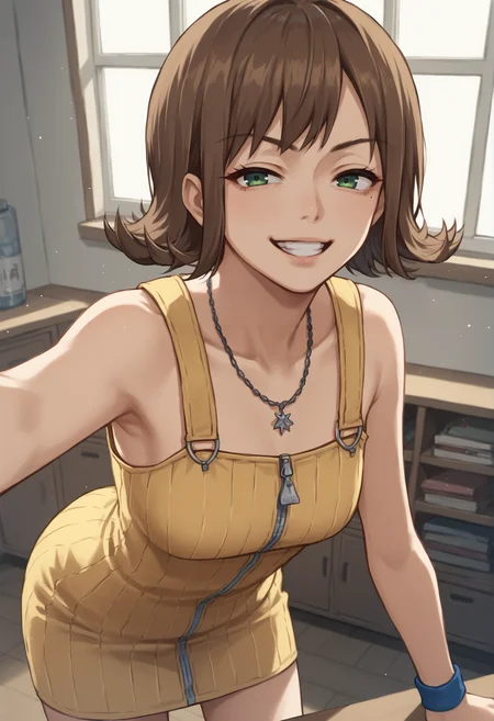 1girl, solo, short hair, brown hair, green eyes, necklace, yellow dress, zipper, wristband, jewelry, smug, mesugaki, seductive smile, teeth, bent over, ((unzipping)), from above, indoors, bedroom <lora:Selphie:0.8>, score_9, score_8_up, score_7_up, score_6_up, score_5_up, score_4_up, BREAK source_anime, masterpiece