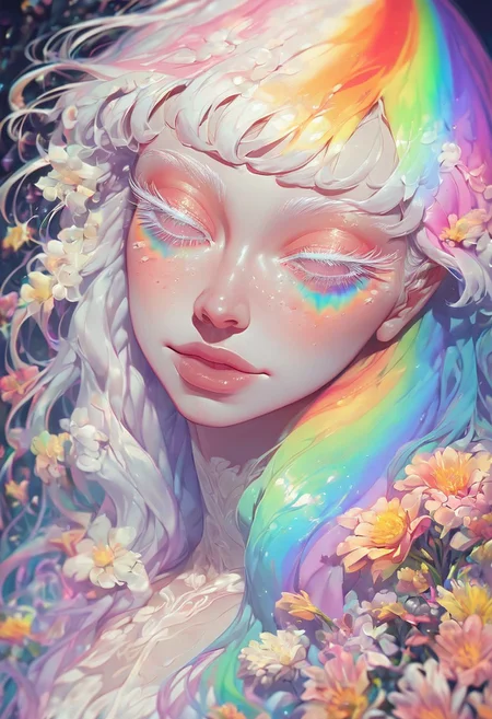 score_9, score_8_up, score_7_up, 1girl, girl, cute face, freckles, (bangs:1.2), long hair, rainbow makeup, (long eyelashes:1.4), half-closed eyes, white eyelashes,
pastel, flowers, vibrant, exciting, uplifting, happy,
Expressiveh, th3rm4l, colorful, thermal, <lora:SDXLFaeTastic2400:0.65>,
