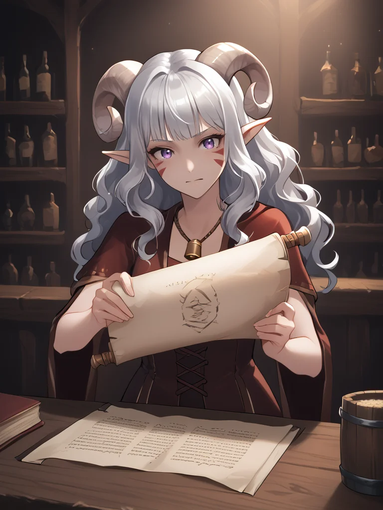 source_furry, score_7_up, rating_safe, source_anime, anime face, <lora:whisker_markings:0.8>red whisker_markings, silver long wavy hair, bell necklace, short pointy ears, purple eyes, <lora:age_slider_v4:0.6>
<lora:Test_Diana:0.8> tiefling_bard_diana:1.2, solo , outstretched arms, looking at scroll,
scroll, holding scroll, tavern, table,
<lora:Opened_Scroll:0.8>
<lora:Smooth Style 2 SDXL_LoRA_Pony Diffusion V6 XL:0.4> <lora:INKxXmo shaded face:0.3> Shaded FaceINKxXmo Dark Theme,