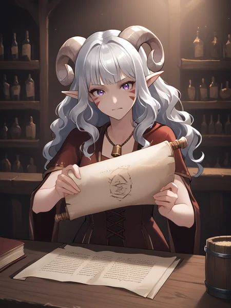 source_furry, score_7_up, rating_safe, source_anime, anime face, <lora:whisker_markings:0.8>red whisker_markings, silver long wavy hair, bell necklace, short pointy ears, purple eyes, <lora:age_slider_v4:0.6>
<lora:Test_Diana:0.8> tiefling_bard_diana:1.2, solo , outstretched arms, looking at scroll,
scroll, holding scroll, tavern, table,
<lora:Opened_Scroll:0.8>
<lora:Smooth Style 2 SDXL_LoRA_Pony Diffusion V6 XL:0.4> <lora:INKxXmo shaded face:0.3> Shaded FaceINKxXmo Dark Theme,