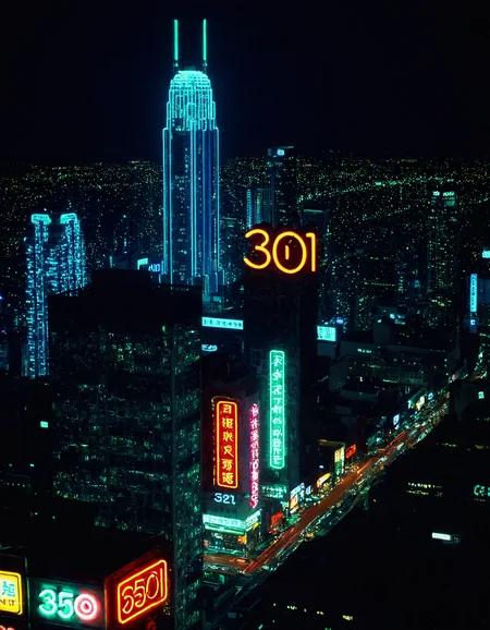 <lora:RokuSignHD:1>,rokusignhd,scenery,building,city,outdoors,cityscape,skyscraper,city lights,, a city at night with neon lights and buildings in the background and a neon sign on the building that says 350 [1]