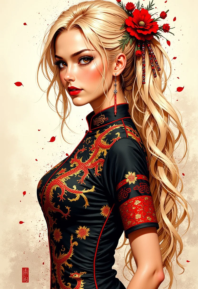 mythp0rt, inksplat, traditional japanese art style, ink on paper, wabi-sabi, henna and carmine, sepia, BREAK, oriental woman, long flowing blonde hair, sakur petal in hair, black, red and gold cheongsam with chinese dragon designs, side view, glancing at viewer, dark eye make-up, mascara, eyeshadow, red lips, sultry