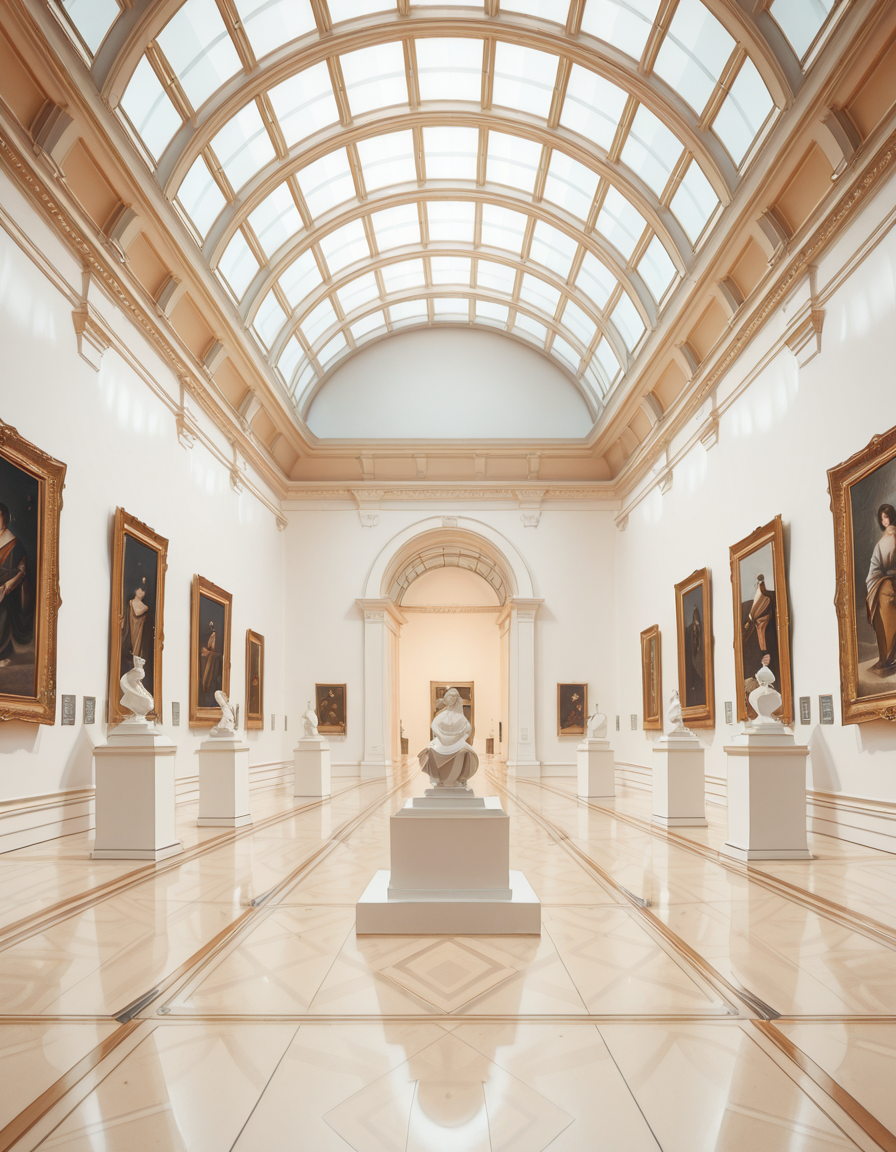 A high-resolution photograph of the interior of a grand art museum, featuring vast halls with high ceilings, intricate architectural details, and polished marble floors. The museum is illuminated by soft, natural light filtering through large arched windows, casting gentle shadows on the walls adorned with classical and modern paintings in ornate golden frames. In the center, a marble sculpture stands on a pedestal, surrounded by velvet ropes. Visitors walk around, some admiring the artwork, others engaged in quiet discussions. The atmosphere is serene and intellectual, with a warm color palette of beige, gold, and deep reds enhancing the elegance of the scene. The perspective is wide-angle, capturing the depth and scale of the museum, evoking a sense of awe and admiration.
<lora:SDXLFaeTastic2400:0.4> <lora:extremely_detailed:0.4> extremely detailed,art mus3um, <lora:art_mus3um-i:1>, Masterpiece,best quality,hi res,8k,hi res,8k,award winning,(sharp focus, intricate, highly detailed),