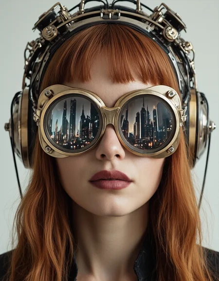 This photo features a striking futuristic, cyberpunk-inspired portrait of a woman. She has long, ginger hair with sharp bangs framing her face. Her expression is neutral and confident, with full, darkly shaded lips that add an edgy and bold quality to her look.
She is wearing oversized, reflective goggles with intricate golden frames. The lenses of the goggles reflect a highly detailed and futuristic cityscape filled with towering skyscrapers and elaborate architecture. The buildings appear sleek and modern, with sharp edges, domes, and spires, suggesting a highly advanced, cyberpunk-style metropolis.
Her headgear is equally futuristic, resembling a mechanical or robotic crown. It is composed of intricate, metallic components, wires, and small gears, suggesting a blend of technology and fashion. The headgear extends across the top of her head, adding to her cybernetic, sci-fi aesthetic.
The overall tone of the image emphasizes high contrast and sharp detail, creating a dramatic and immersive visual effect. The blending of human features with technological elements and the depiction of a futuristic world reflected in her glasses evokes themes of cyberpunk, advanced technology, and dystopian aesthetics.