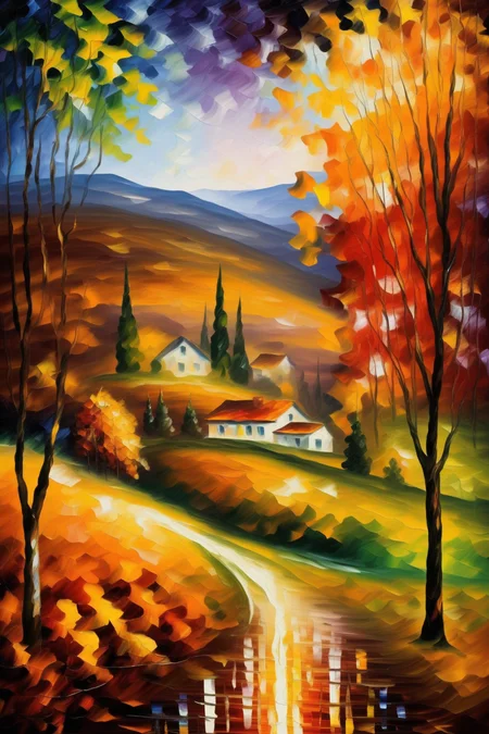 <lora:Leonid Afremov Style:1>Leonid Afremov Style - A peaceful countryside landscape with rolling hills, dotted with vibrant autumn trees, in the signature style of Leonid Afremov.