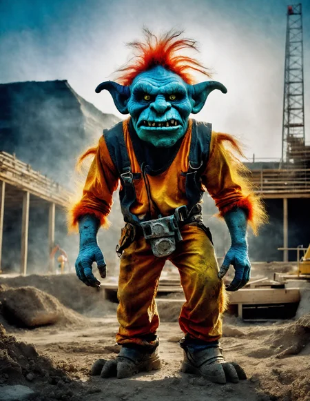 troll, android, construction worker, construction site on the background (((full body:1.65))) raw, emotional, dynamic, distortion for emotional effect, vibrant, use of unusual colors, cute cinematography, fluffy creature, spirit animal detailed skin, closeup portrait hdr horror otherworldly