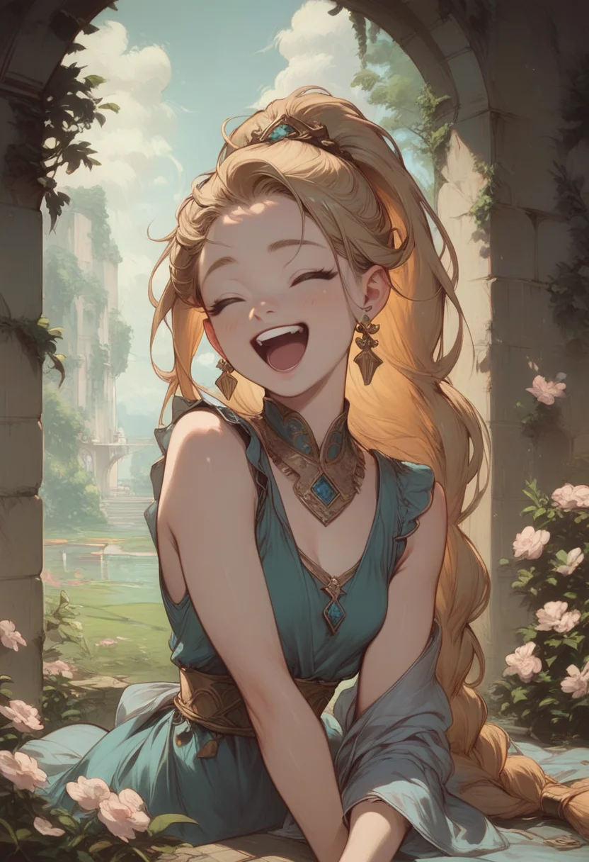 score_9, score_8, score_7, score_6, 1girl, light brawn hair, long hair, single braid, high ponytail, small breasts, laughing, <lora:age_slider_v4:-1.5> <lora:StS_detail_slider_v1:2.5> <lora:OldAnimeStyle_XL_v3:0.7> <lora:Expressive_H:0.5> <lora:easynegative:1> <lora:Concept Art Ultimatum Style LoRA_Pony XL v6:1>