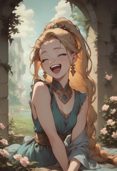 score_9, score_8, score_7, score_6, 1girl, light brawn hair, long hair, single braid, high ponytail, small breasts, laughing, <lora:age_slider_v4:-1.5> <lora:StS_detail_slider_v1:2.5> <lora:OldAnimeStyle_XL_v3:0.7> <lora:Expressive_H:0.5> <lora:easynegative:1> <lora:Concept Art Ultimatum Style LoRA_Pony XL v6:1>