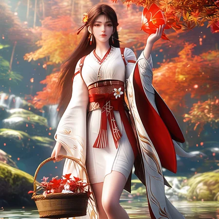 <lora:ponyhuolinger1v:1>,score_9,score_8_up,score_7_up,a digital artwork depicting a young woman standing in a serene, autumnal forest, the woman has fair skin and long, dark brown hair that cascades down her back, she is dressed in a traditional japanese kimono-style outfit with a white blouse adorned with gold trim and a red sash tied around her waist, the blouse has a high collar and long sleeves, and the skirt is flowing behind her, she holds a woven basket filled with vibrant red and white flowers, adding a pop of color to the scene, the background features a dense forest with vibrant orange and red leaves, creating a warm and inviting atmosphere, the forest floor is covered in fallen leaves, and there are large, jagged rocks scattered throughout, the overall style of the artwork is realistic with a touch of fantasy, emphasizing the beauty and tranquility of the forest