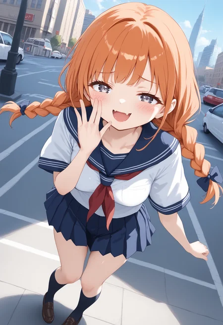 1girl, medium breasts, school uniform,
mesugaki, smile, looking at viewer, blush, hand up, skin fang, <lora:mesugaki_Pony_v1:0.9>
dutch angle, full body, looking down, orange hair, white eyes,wince, Paris city, open mouth, twin braids hair,,