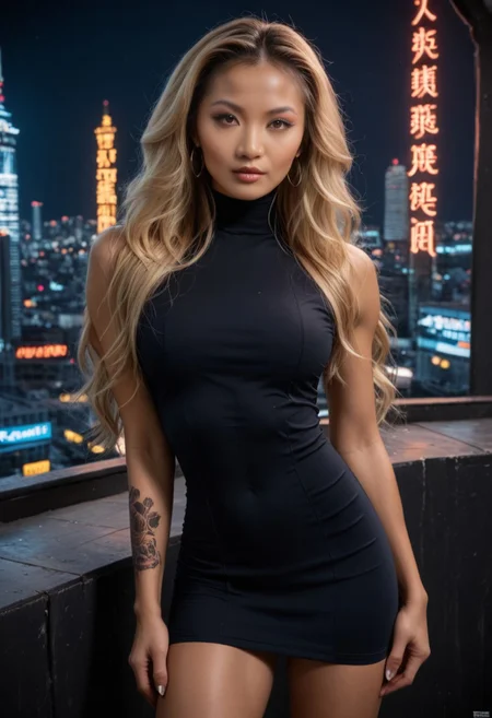 core_9, score_8_up, score_8, , day, , {1woman, Masterpiece, 32k, photorealistic:1.4, , Petite, asian, darkskin,blonde hair, 18 year old Chinese woman, huge ass, earrings, eye liner, tattoos, ((wavy blonde hair,)), 4k, very detailed, eyeliner, ((blonde hair)),long hair,realistic, photorealistic, Very toned and very muscular body, very curvy biceps, triceps, and abs muscles, (Monolid eyes:1.5),(epicanthal folds:1.5), slender oval face,score_9, score_8_up, score_7_up, 1girl, long hair, long colorful dress, red hair, (muscular:0.7), optical illusions, geometric, black and white, polygon patterns, (asian:0.9), futuristic city background, glowing neon lights, high contrast, cinematic shot, dramatic lighting, science fiction, cyberpunk, dream
