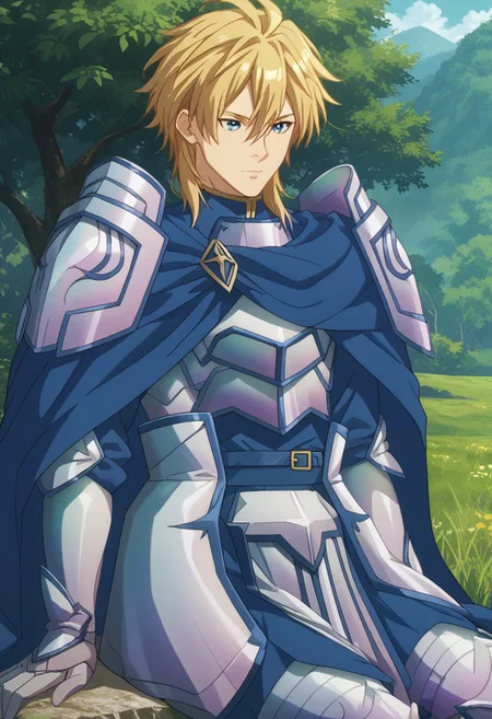 score_9, score_8_up, score_7_up, source_anime, rating_safe, sitting, Paynofuri, 1boy, male focus, anime screencap, purple gradient breastplate, blue cape, purple gradient gauntlets, purple gradient pauldrons, blue belt, purple gradient waist armor, purple gradient boots,