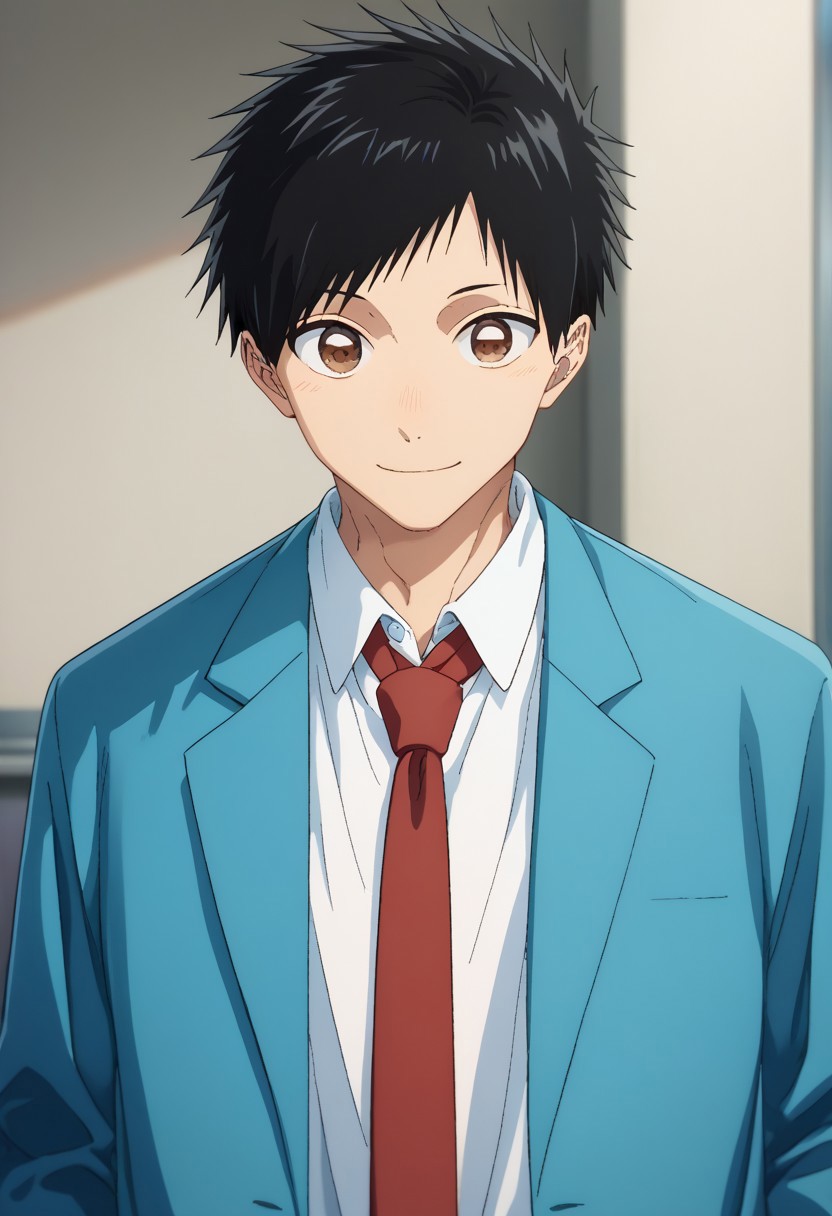 score_9, score_7_up, source_anime, 
taiki, 1boy, male focus, solo, brown eyes, black hair, short hair, school uniform, shirt, white shirt, collared shirt, necktie, red necktie, jacket, blazer, blue jacket, long sleeves, smile
indoor,