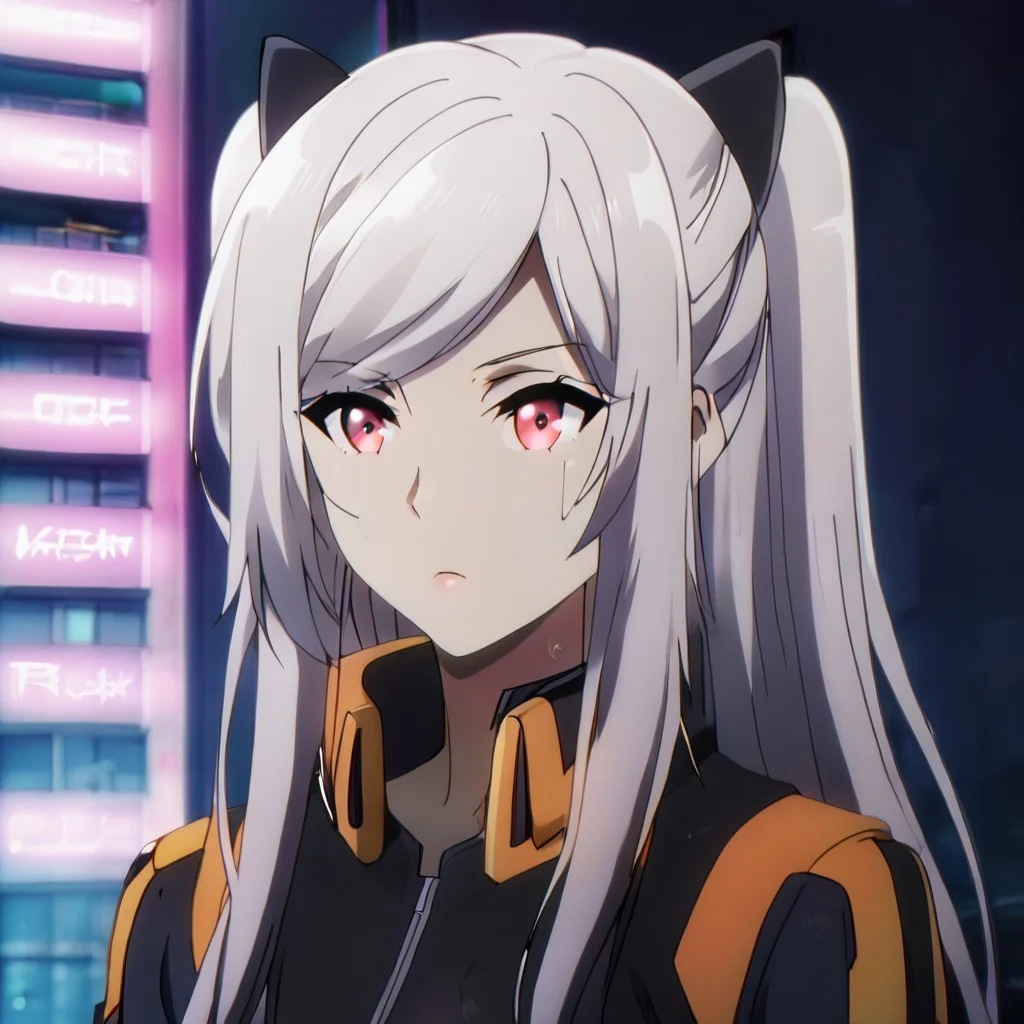 Black hair ribbon, gray hair, long hair, twintails, red eyes, large breasts, two side up, single hair bun, ponytail, wearing a futuristic battle suit with neon accents, standing on a high-tech rooftop in a cyberpunk city, neon lights reflecting off the rain-soaked streets, high-tech drones flying above, sci-fi atmosphere