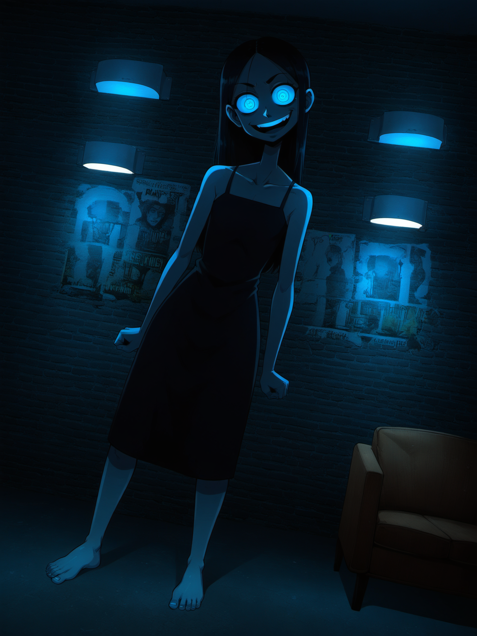 score_9, score_8_up, score_7_up, score_6_up,
BREAK
1girl, black hair, long hair, parted bangs, big eyes, creepy eyes, expressionless, skinny, black dress, flat chest, tall female, barefoot, feet (head tilt:1.2), looking at viewer, creepy smile, open mouth, monster, hunched over, long neck, peeking, (dutch angle:1.6), crazy eyes, crazy smile, crazy, standing, pale skin, grey skin, reaching towards viewer
BREAK
purpledotnightclub, brick wall, concrete floor, indoors, wall lamp, couch, (blue neon lights:1.2), (blue light:1.1), blue theme, glowing, hall, poster \(object\), graffiti <lora:PurpleDotNightclub_Background:1>