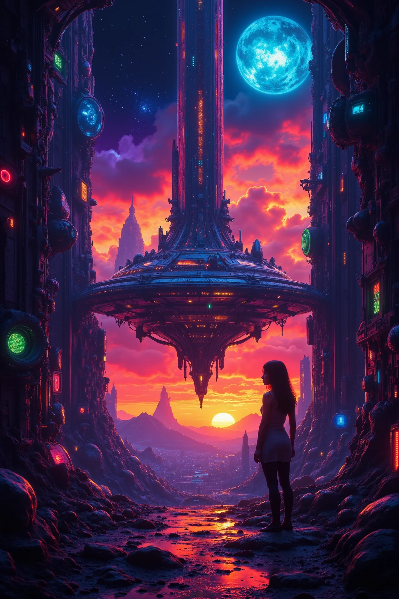 a sci-fi futuristic colony beautiful  landscape, sunset, woman, very intricate, very detailed, sharp, bright, colorful, <lora:Hand v2:0.5> <lora:Anti-Blur:1><lora:Insane Detail Slider:0.25>  <lora:flux.1_lora_flyway_Epic-detail_v2:0.3> <lora:fluxenhancer:0.25>  <lora:abyss-neon:0.6> bo-neon,