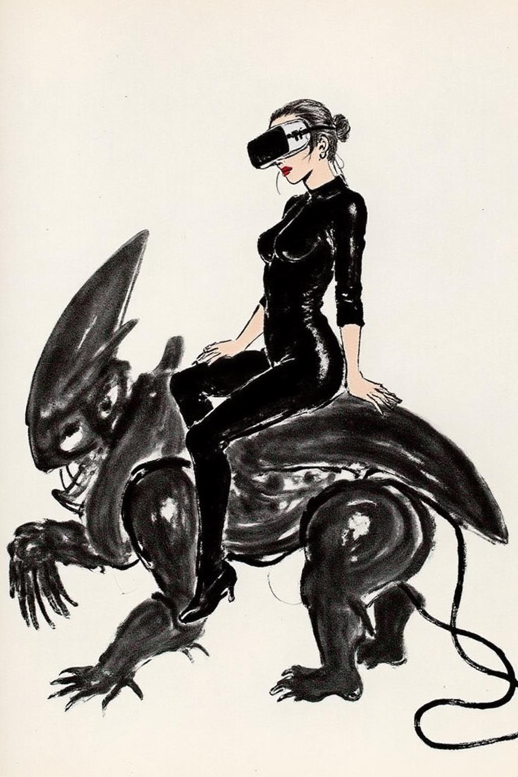 qbs1 ink wash painting
 futuristic scene depicts a woman dressed in sleek, form-fitting black leather attire, sitting confidently atop an open power suit, inspired by the cyberpunk aesthetics of Masamune Shirow. The black power suit, a blend of advanced technology and military-grade armor, features intricate mechanical details, exposed wiring, and a robust, yet streamlined design. The woman, wearing a cutting-edge VR headset, <lora:qbs1_cap_d6a3e12:1.0><lora:818430757547625763:0>