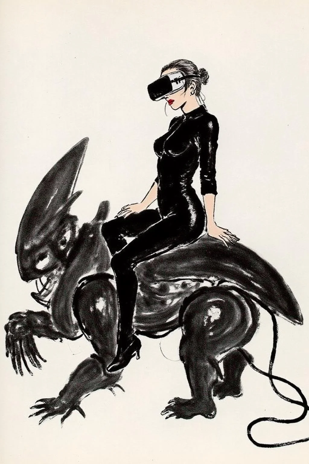 qbs1 ink wash painting
futuristic scene depicts a woman dressed in sleek, form-fitting black leather attire, sitting confidently atop an open power suit, inspired by the cyberpunk aesthetics of Masamune Shirow. The black power suit, a blend of advanced technology and military-grade armor, features intricate mechanical details, exposed wiring, and a robust, yet streamlined design. The woman, wearing a cutting-edge VR headset, <lora:qbs1_cap_d6a3e12:1.0><lora:818430757547625763:0>