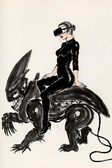 qbs1 ink wash painting
futuristic scene depicts a woman dressed in sleek, form-fitting black leather attire, sitting confidently atop an open power suit, inspired by the cyberpunk aesthetics of Masamune Shirow. The black power suit, a blend of advanced technology and military-grade armor, features intricate mechanical details, exposed wiring, and a robust, yet streamlined design. The woman, wearing a cutting-edge VR headset, <lora:qbs1_cap_d6a3e12:1.0><lora:818430757547625763:0>