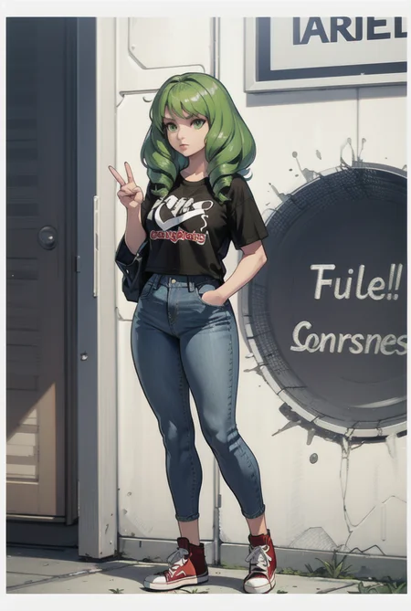 1girl,  flayn, <lora:flayn-nvwls-v1-final:0.4>, full body shot, high waisted jeans, band t-shirt, red converse high tops