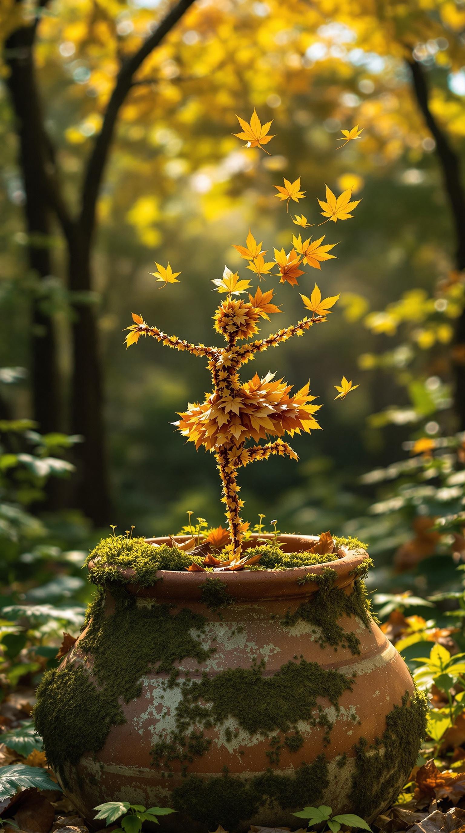 A whimsical miniature figure composed of delicately arranged autumn leaves, poised in a carefree dance on the rim of a weathered, moss-covered terracotta pot, set against a lush, vibrant forest backdrop, where dappled sunlight filters through the canopy above, casting intricate shadows. The overall aesthetic is ethereal, with warm, earthy tones of sienna, umber, and olive green, infused with hints of emerald and golden light, evoking a sense of wonder and enchantment, as if plucked from a fantastical realm.