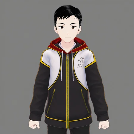 harmard, black hair, short hair, brown eyes, 1boy, solo, solo focus, jacket, black pants