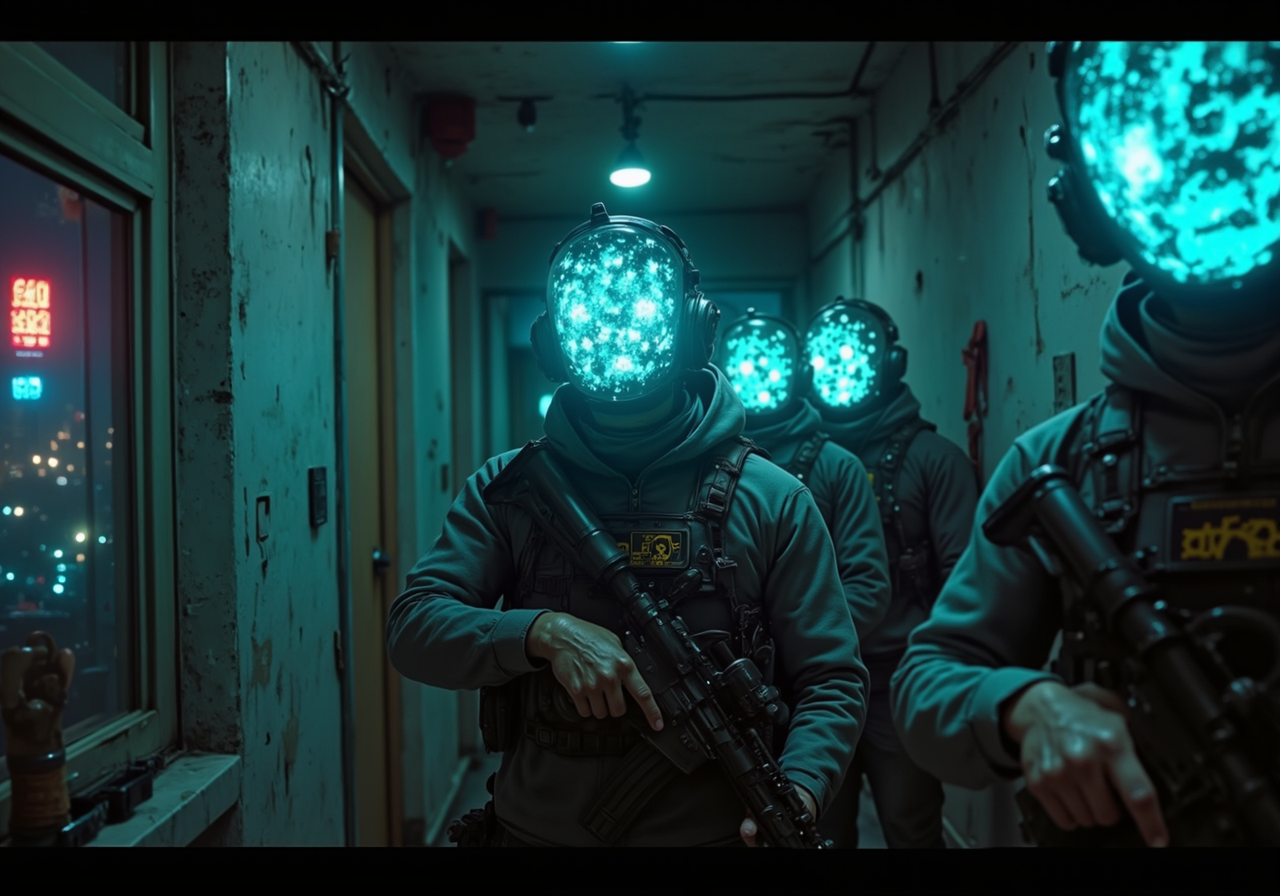 4k cinematic still, a group of cyperbunk futristic soldiers each has a hologram projection of noisy pixels obscuring their faces holding tactical carbines, from an angle, lined up against a wall in a hallway approaching a door, a window outdoor shows neon lights of an advanced society at night in contrast to the dilapidated indoors apartment complex, they wear grey jackets and tactical vests with utility pouches<lora:cheats.safetensors:1.0:1.0> <lora:BPRE.safetensors:0.5:0.5>