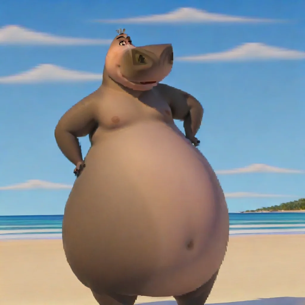 gloria, obese, hippo, grey skin, tail, solo, navel, beach
