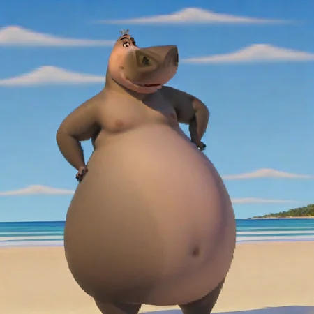 gloria, obese, hippo, grey skin, tail, solo, navel, beach
