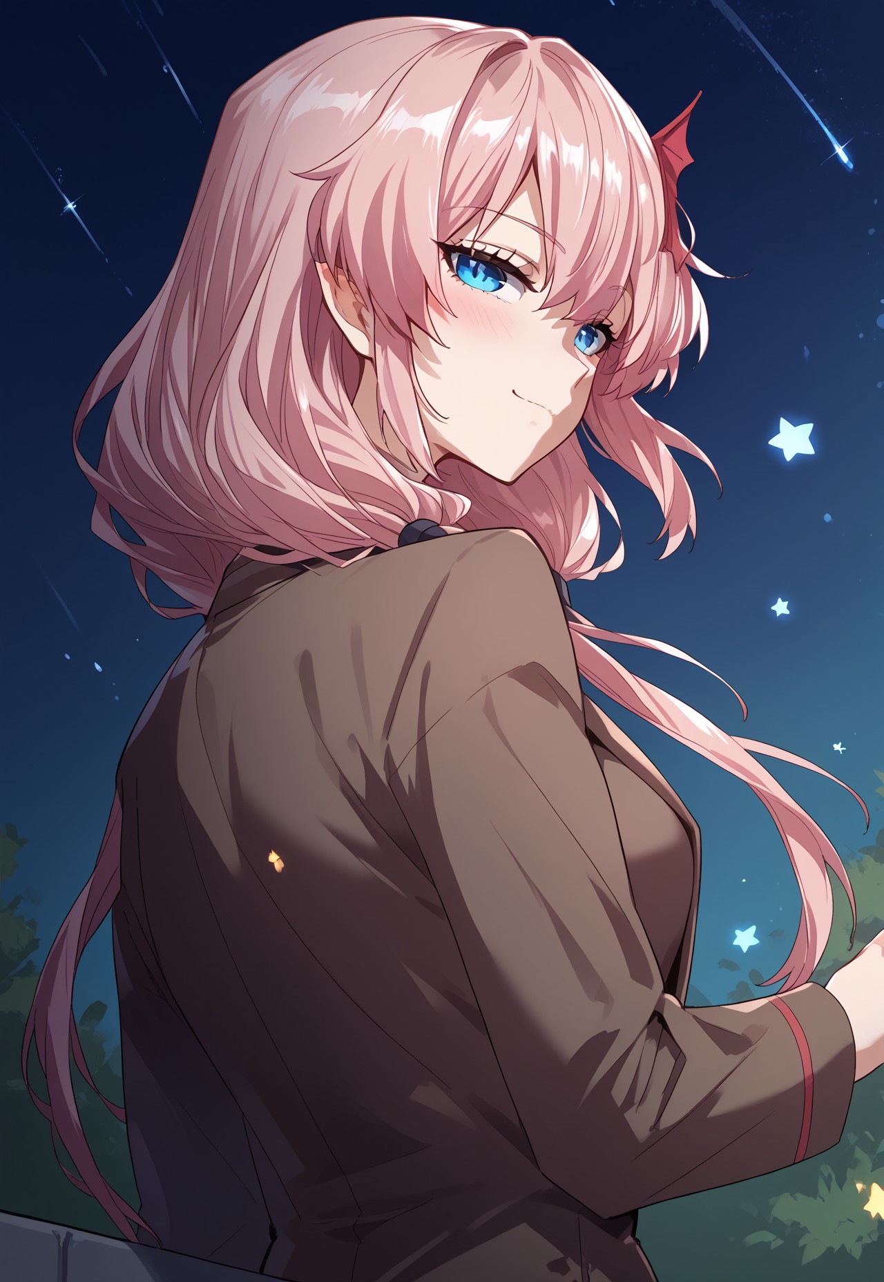zPDXL3, score_9_up, score_8_up, score_7_up, (Anime_source), 1girl, LapisLazuli, blue eyes, light pink hair, long hair, low twintails, lapis suit, looking back, looking at viewer, dutch angle, smile, blush, closed mouth, half closed eyes, night, stars, particles