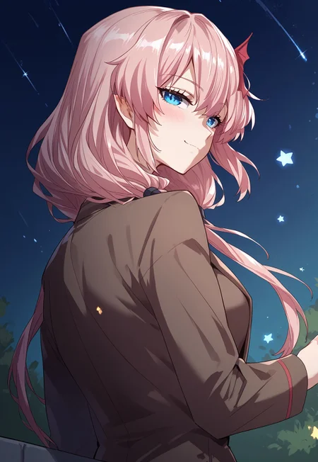 zPDXL3, score_9_up, score_8_up, score_7_up, (Anime_source), 1girl, LapisLazuli, blue eyes, light pink hair, long hair, low twintails, lapis suit, looking back, looking at viewer, dutch angle, smile, blush, closed mouth, half closed eyes, night, stars, particles