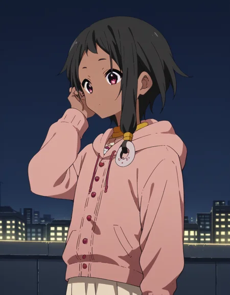 score_9, score_8_up, score_7_up, source_anime, <lora:choi-mochimazzi-s1-ponyxl-lora-nochekaiser:1>, choi mochimazzi, short hair, black hair, dark skin, dark-skinned female, pink eyes, sidelocks, jewelry, hoodie, pink hoodie, skirt,, city skyline, rooftop view, night time, city lights, quiet reflection, , <lora:tucking-hair-ponyxl-lora-nochekaiser:1>, tucking hair, adjusting hair, hand on own hair, hair behind ear,, looking at viewer, solo,, dutch angle, cowboy shot