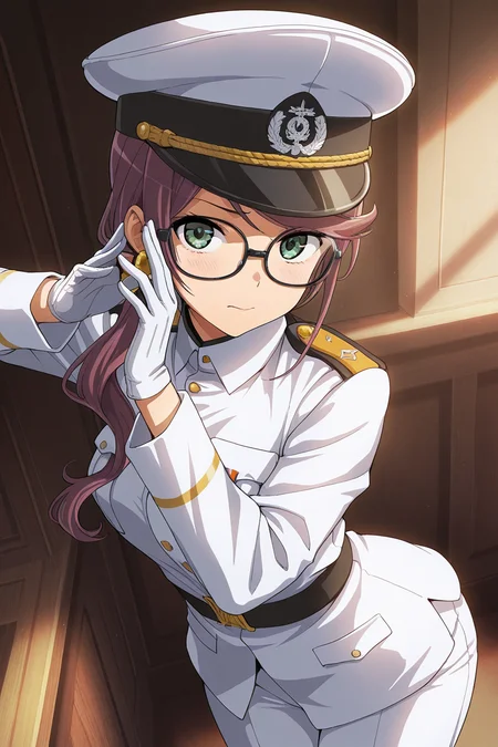 masterpiece, best quality, amazing quality,
<lora:Junna_IL:1> junna, 1girl, glasses, green eyes, long hair, side ponytail, solo, glasses, hat, white pants, uniform, white gloves, military uniform, white headwear, military,