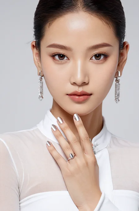 Close-up, Asian female, beauty shot, clear skin, natural makeup, brown eyes, subtle lipstick, earrings, silver rings, white outfit, serene expression, framing face with hands, delicate pose, studio lighting, high-resolution image, neutral background, fashion accessories, manicured nails, skincare advertisement aesthetic, youthful appearance, elegance, simplicity in composition, portrait orientation.,