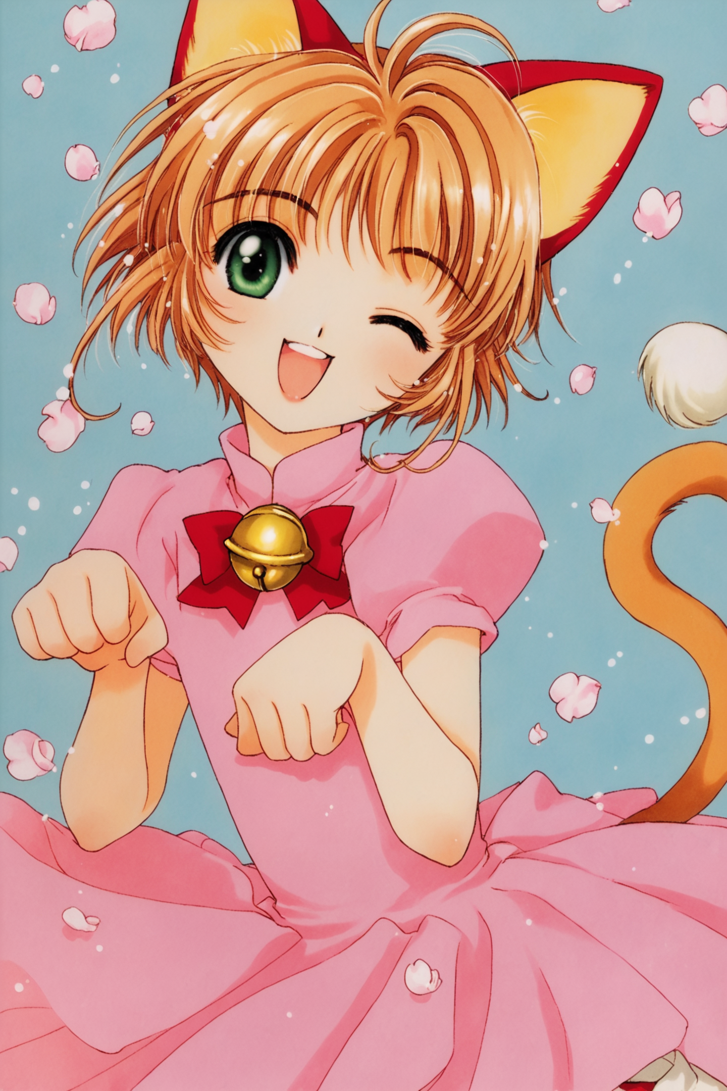 1girl,kinomoto sakura,animal ears,one eye closed,cat ears,solo,tail,brown hair,bell,green eyescat tail,magical girl,dress,paw pose,short hair,smile,open mouth,1990s (style),retro artstyle,;d,jingle bell,looking at viewer,pink dress,antenna hair,score_9,score_8_up,<lora:Card Captor Sakura_XL_PONY:0.8>,