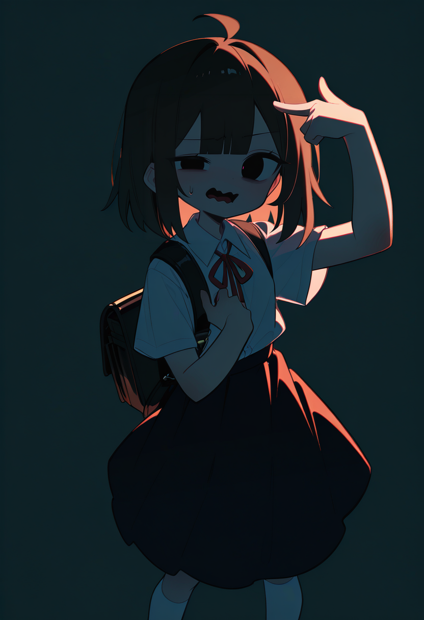 1girl, black hair, medium hair, 
BREAK 1girl, finger gun to head, uneven eyes, wavy mouth, 
BREAK Big Backpack, White Shirt, Short Sleeves, Neck Ribbon, White Socks, (grey background), 
BREAK general, (doribae:0.85), (chikafumikou:0.55), horror \(theme\), masterpiece, best quality, absurdres, highres, newest, <lora:ponyv6_noobV1_2_adamW:0.7>, <lora:Unstable_v1.0:0.4>