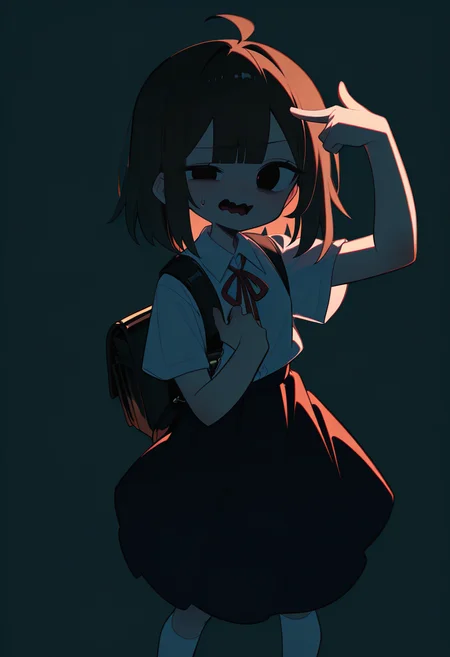 1girl, black hair, medium hair, 
BREAK 1girl, finger gun to head, uneven eyes, wavy mouth, 
BREAK Big Backpack, White Shirt, Short Sleeves, Neck Ribbon, White Socks, (grey background), 
BREAK general, (doribae:0.85), (chikafumikou:0.55), horror \(theme\), masterpiece, best quality, absurdres, highres, newest, <lora:ponyv6_noobV1_2_adamW:0.7>, <lora:Unstable_v1.0:0.4>
