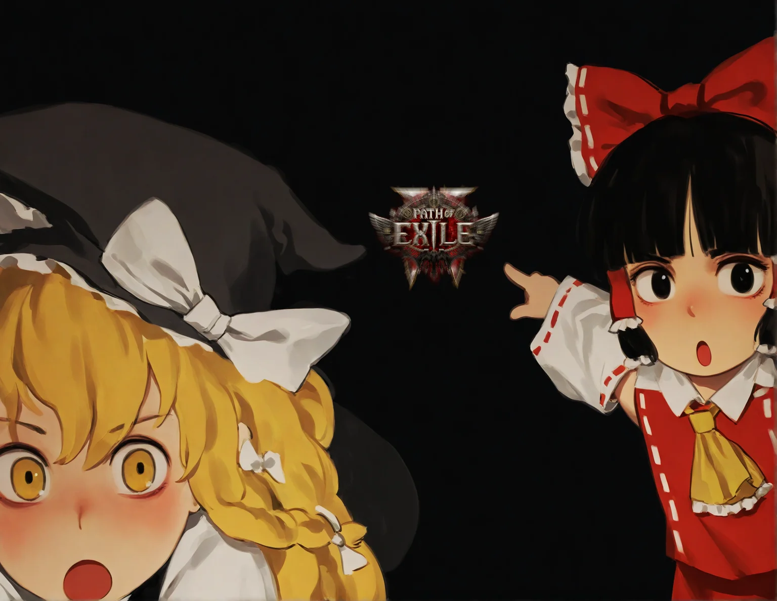 <lora:SDXL\Illustrious\ComfyUI_itercomp_00001_.safetensors:1.0:1.0>pointing, :o, wow,hakurei_reimu, kirisame_marisa, looking_at_viewer, open_mouth, bangs, multiple_girls, blonde_hair, black_hair, hat, bow, ribbon, 2girls, hair_bow, detached_sleeves, blunt_bangs, :o, red_bow, ascot, witch_hat, parody, hair_tubes, outstretched_arms, white_bow, hat_bow, ribbon_trim, ribbon-trimmed_sleeves BREAK (porforever:0.5),(rei \(sanbonzakura\):0.8),(tianliang duohe fangdongye:0.3),(chen bin:0.9),(rhasta:0.9),(wlop:0.5),(gyari_\(imagesdawn\),orenji \(wholesomeorenji\):0.6),,masterpiece, absurdres, aesthetic, best quality,[:dark theme:15]
