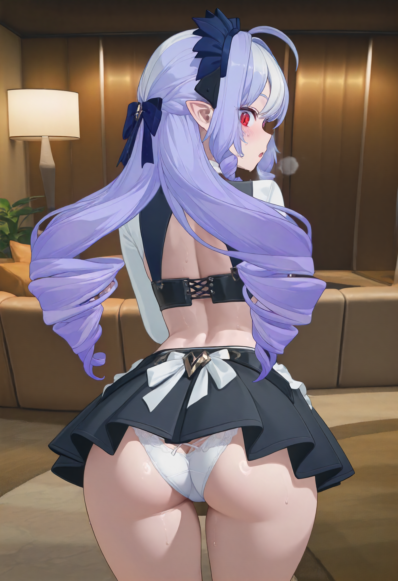 masterpiece, best quality, amazing quality, very aesthetic, absurdres, newest, scenery, volumetric lighting, perfect eyes, ultra detailed,
1girl, Vivian, solo, purple hair, hair ringlets, ahoge, blue hairband, hair bow, hair ornaments, pointy ears, red eyes, double iris, purple inner iris, slit pupils, black nails, white hair strands,
maid costume, micro skirt, midriff, micro top, upskirt, white laced panties, white panties, bubble butt,
standing, looking back, surprised, :O, blushing, sweating, visible breath, from behind, rear view,
living room, luxurious room, beautiful frame, detailed background,
<lora:Vivian_-_Zenless_Zone_Zero_ZZZ_-_Illustrious:1>
masterpiece, best quality, amazing quality, very aesthetic, absurdres, newest, scenery, volumetric lighting, perfect eyes, ultra detailed,