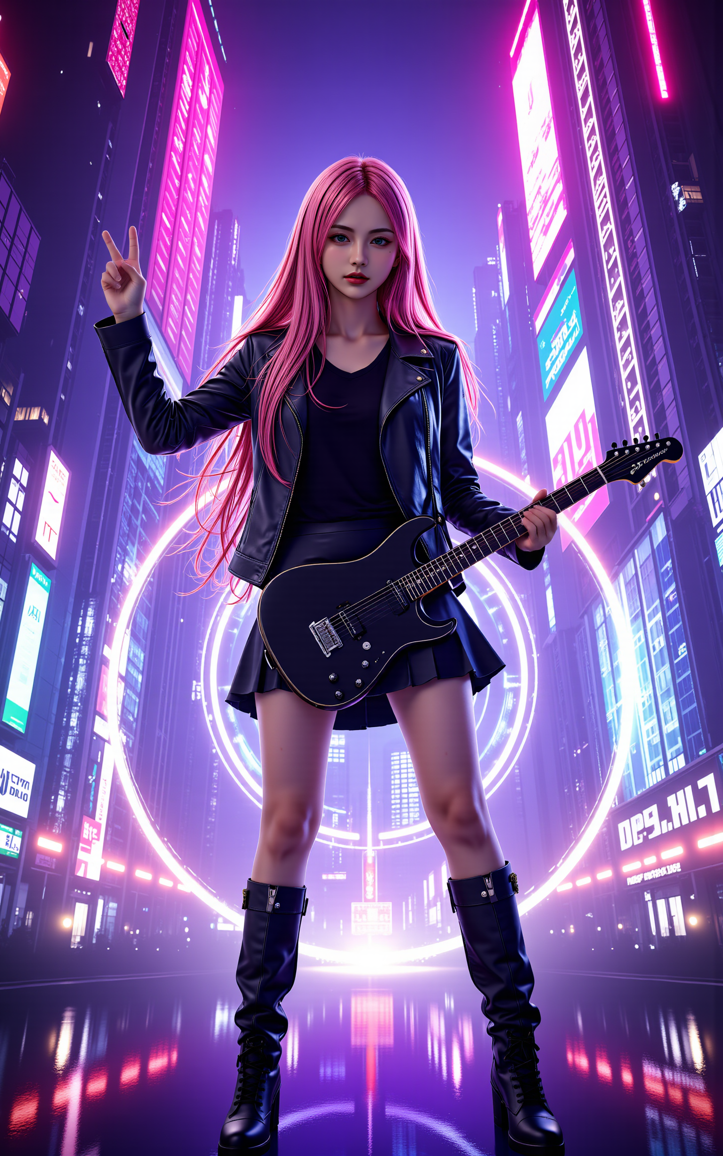 A stunning 20-year-old girl with long,flowing pink hair,dressed in a sleek black leather jacket,a pleated black skirt,and knee-high black boots. She stands confidently on a neon-lit cyberpunk stage,skillfully playing an electric guitar. With her other hand,she raises it high,making a victory gesture. The futuristic cityscape behind her glows with deep purples,electric blues,and vibrant pinks,featuring towering skyscrapers and massive holographic billboards. Behind her,a dazzling circular energy effect pulses,radiating a sci-fi aura like a futuristic power field,enhancing the cyberpunk atmosphere. The stage is illuminated by dynamic spotlights,and digital particles float in the air,creating an immersive high-tech concert scene.,<lora:yuukananri-base-02-flux:0.8>,yuukananri,she has a slender physique and a petite build,<lora:aidmaMJ6.1_v0.5_3:0.5>,aidmaMJ6.1,
