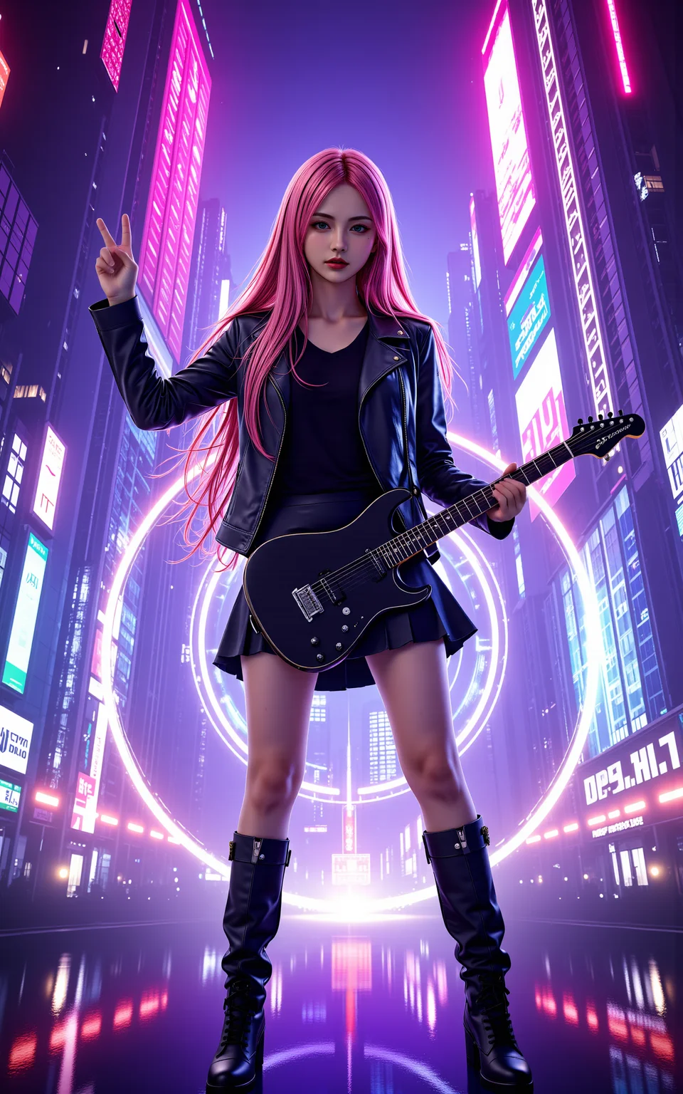 A stunning 20-year-old girl with long,flowing pink hair,dressed in a sleek black leather jacket,a pleated black skirt,and knee-high black boots. She stands confidently on a neon-lit cyberpunk stage,skillfully playing an electric guitar. With her other hand,she raises it high,making a victory gesture. The futuristic cityscape behind her glows with deep purples,electric blues,and vibrant pinks,featuring towering skyscrapers and massive holographic billboards. Behind her,a dazzling circular energy effect pulses,radiating a sci-fi aura like a futuristic power field,enhancing the cyberpunk atmosphere. The stage is illuminated by dynamic spotlights,and digital particles float in the air,creating an immersive high-tech concert scene.,<lora:yuukananri-base-02-flux:0.8>,yuukananri,she has a slender physique and a petite build,<lora:aidmaMJ6.1_v0.5_3:0.5>,aidmaMJ6.1,