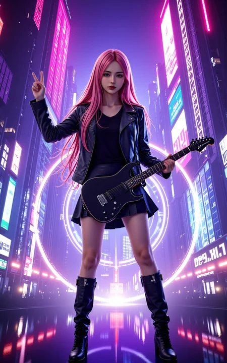 A stunning 20-year-old girl with long,flowing pink hair,dressed in a sleek black leather jacket,a pleated black skirt,and knee-high black boots. She stands confidently on a neon-lit cyberpunk stage,skillfully playing an electric guitar. With her other hand,she raises it high,making a victory gesture. The futuristic cityscape behind her glows with deep purples,electric blues,and vibrant pinks,featuring towering skyscrapers and massive holographic billboards. Behind her,a dazzling circular energy effect pulses,radiating a sci-fi aura like a futuristic power field,enhancing the cyberpunk atmosphere. The stage is illuminated by dynamic spotlights,and digital particles float in the air,creating an immersive high-tech concert scene.,<lora:yuukananri-base-02-flux:0.8>,yuukananri,she has a slender physique and a petite build,<lora:aidmaMJ6.1_v0.5_3:0.5>,aidmaMJ6.1,