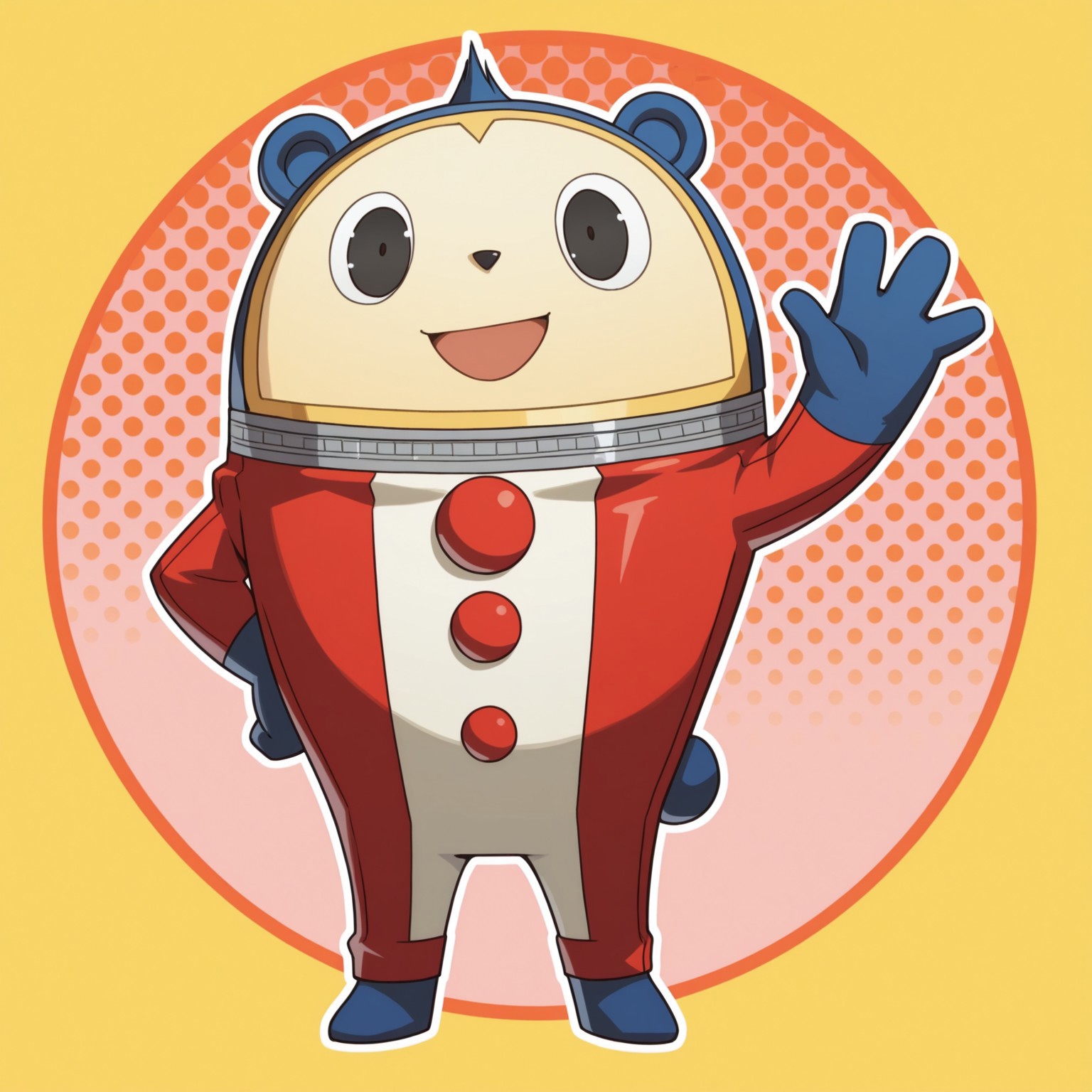 P4Teddie, 1boy, 2d, solo, Bear, male, furry male, blue fur, bear ears, black eyes, zipper, black nose, red and white bodysuit,

BREAK  open mouth smile, waving, looking at viewer, standing, abstract background, happy