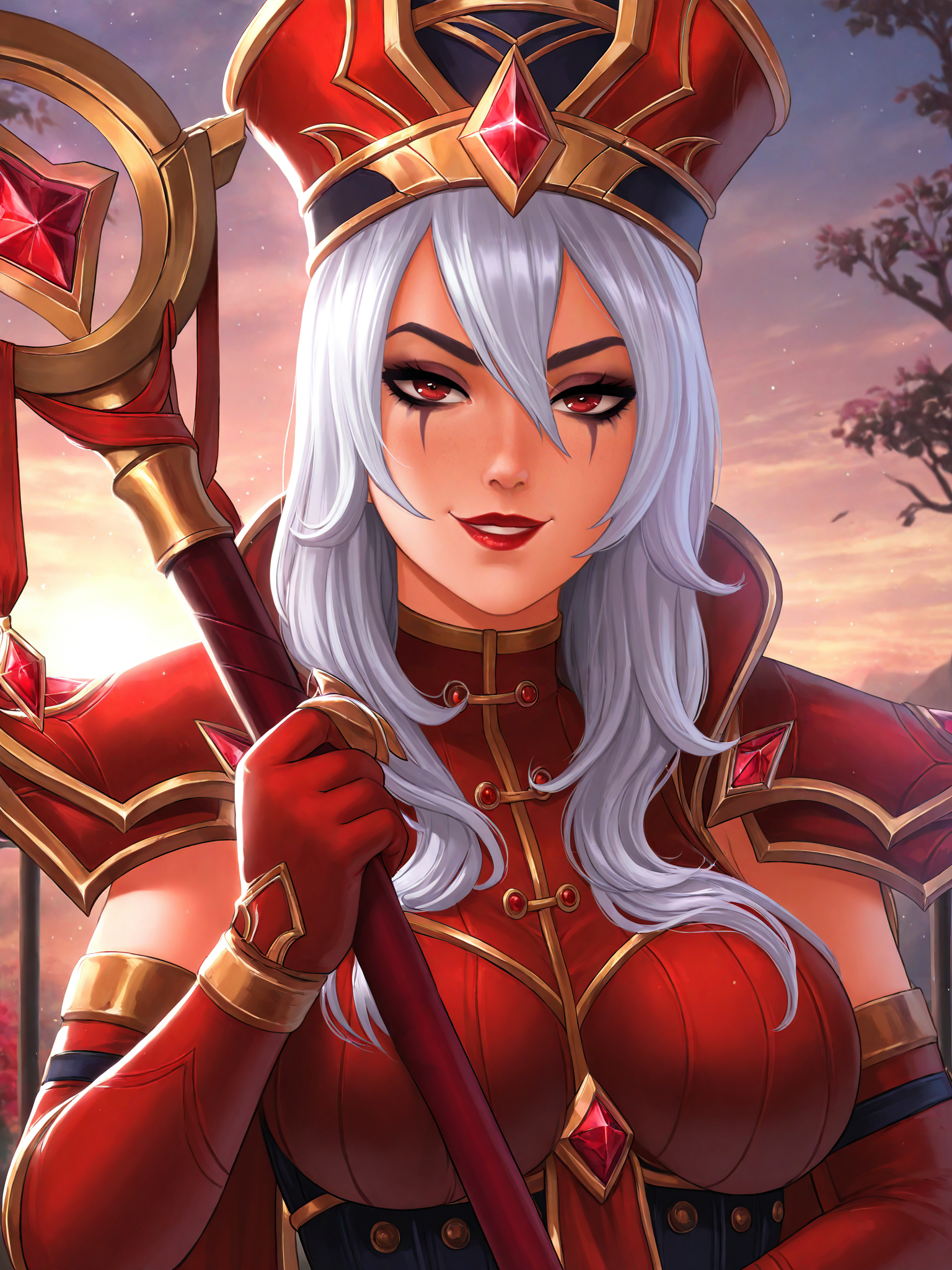 masterpiece, good quality, best quality, newest, absurdres, highres, shadow, cinematic, epic, official art, bloom, sidelighting, detailed,
Sally Whitemane, holding staff, standing, holy magic aura, light particles, scenery, blossoms, hand up, holy magic in hand, (close-up, portrait:1.2), (sciamano240:0.3), 
1girl, mature female, solo, 
looking at viewer, confident, smug, half-closed eyes,
white hair, red eyes, makeup, lipstick, red lips,
hat, shoulder armor, high collar, multiple cloaks, cloaks, two-tone leotard, elbow gloves, 
large breasts, 
outdoors, sky, on balcony, sunset, dark forest on background, mountains on background,
<lora:SallyWhitemane3216NoobAIXL075v11:1>
5 fingers,
