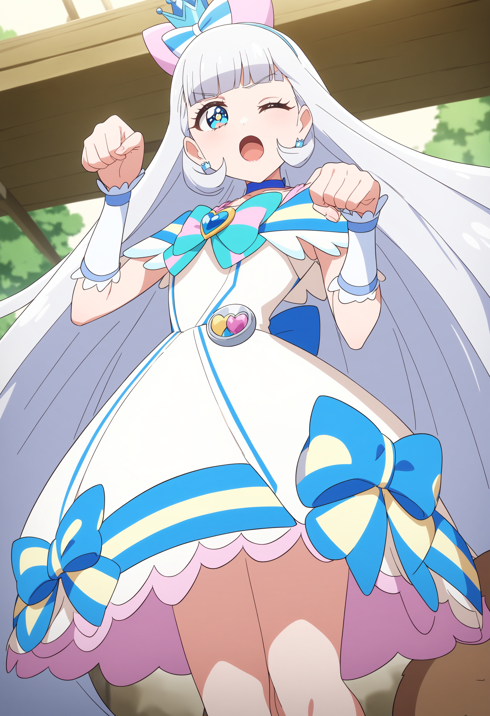 1girl, cure nyammy ,wonderful precure! ,solo, <lora:nyammy_XL_v1:0.8>
long hair, silver hair, blue eyes, choker, magical girl,paw pose, one eye closed,
from below, cowboy shot, looking away, giggling, zoo, open mouth,
masterpiece,best quality, very aesthetic, absurdres