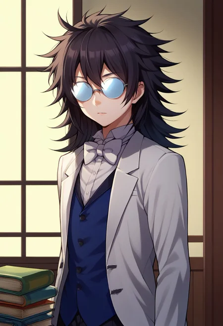 score_9, score_8_up, score_7_up, source_anime, highly detailed,
leopa, male focus, solo, glasses, 1boy, book, opaque glasses, black hair, long hair, messy hair, bowtie, bow, bowtie, white bowtie, coke-bottle glasses, formal, suit, white suit, jacket, white jacket, vest, blue vest, upper body,