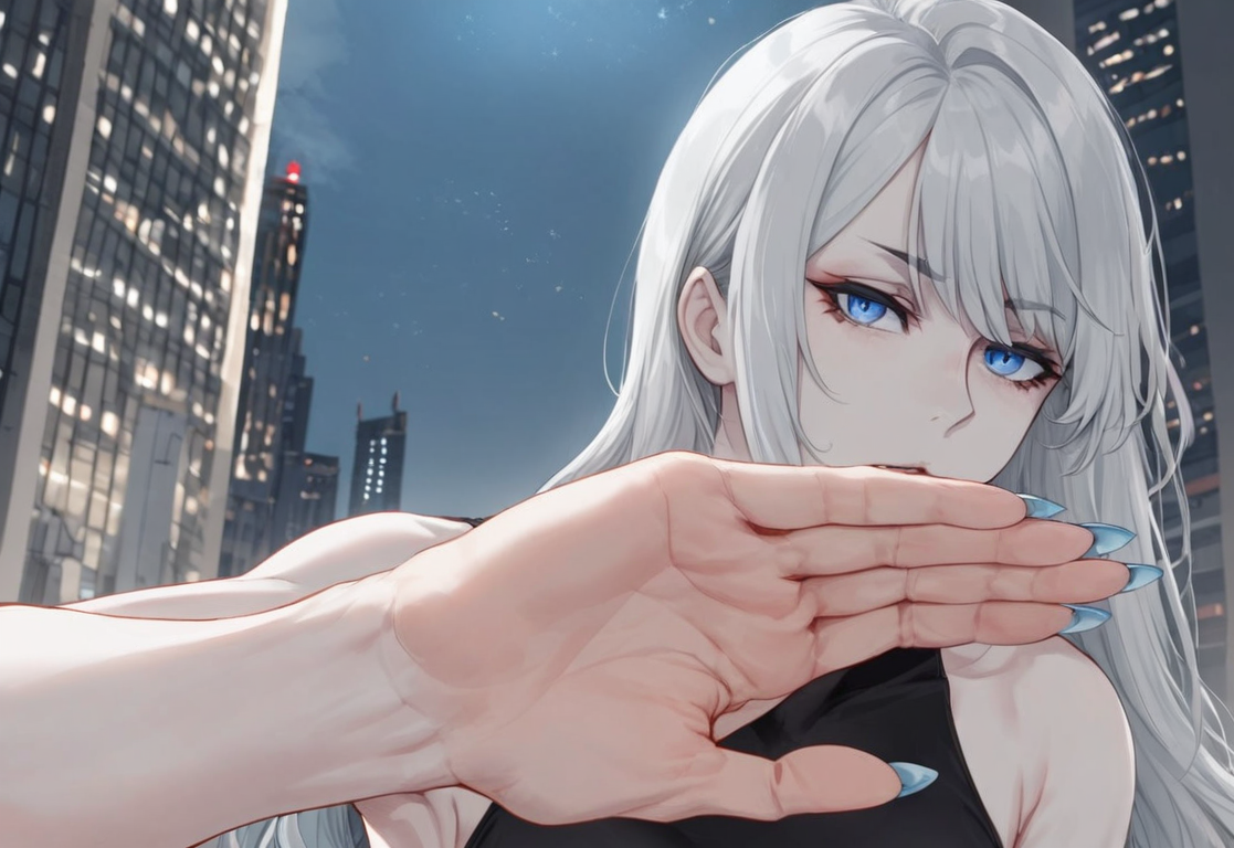 a woman showing her hand palm, 30 years old, tall, athletic build, long flowing silver hair with bangs framing her face, large expressive blue eyes, smooth pale skin, angular jawline, high cheekbones, small nose, full lips, slender neck, toned arms and legs, hands with delicate fingers, short manicured nails, wearing a form-fitting outfit, confident and fierce expression, dynamic pose suggesting readiness for action, cupping, in a city, during night, SimplePositiveXLv2 <lora:POVHGVERSION3:1>